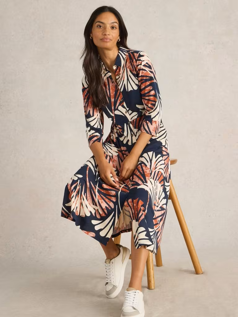 White Stuff Rua Midi Jersey Shirt Dress Navy Multi