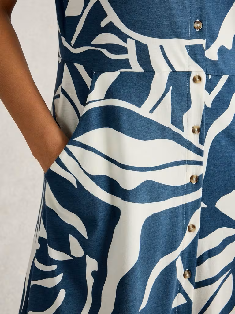White Stuff Rua Midi Jersey Shirt Dress Navy Print