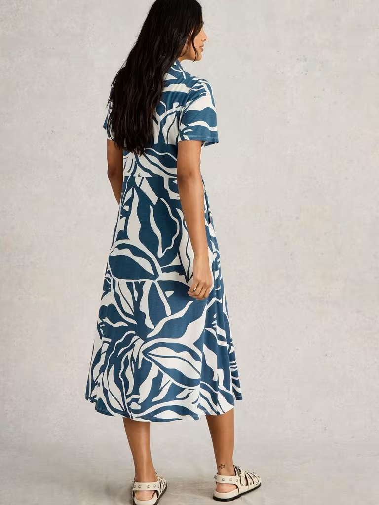 White Stuff Rua Midi Jersey Shirt Dress Navy Print