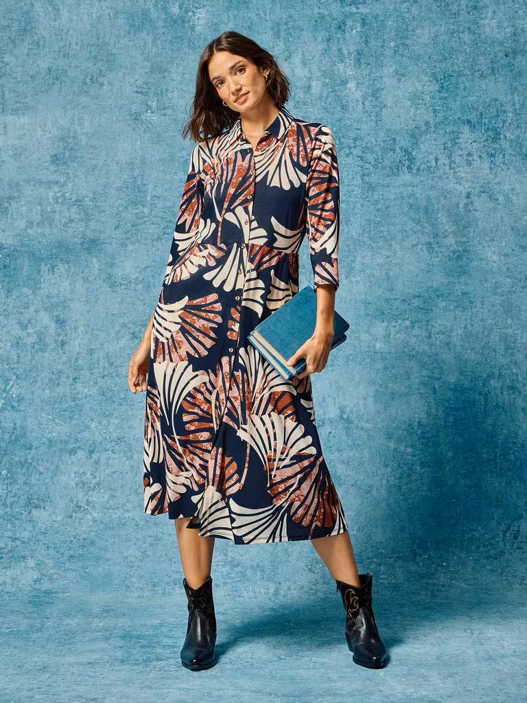 White Stuff Rua Midi Jersey Shirt Dress Navy Multi