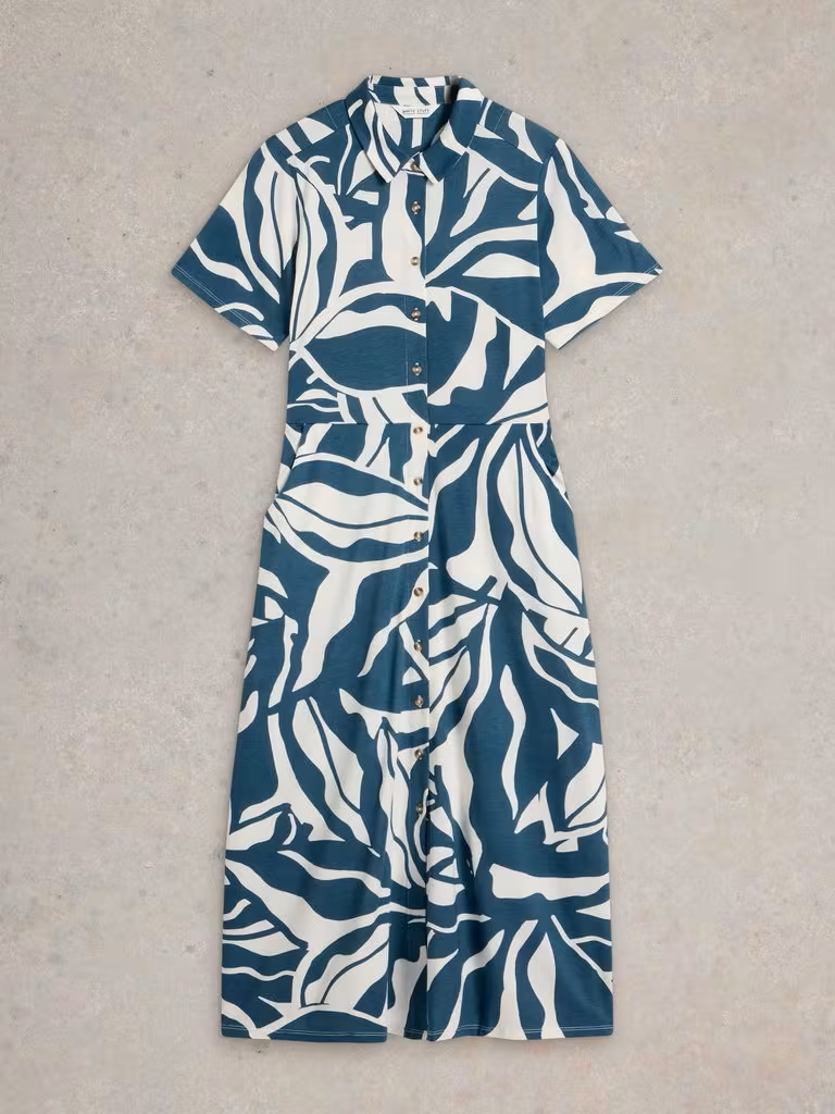 White Stuff Rua Midi Jersey Shirt Dress Navy Print