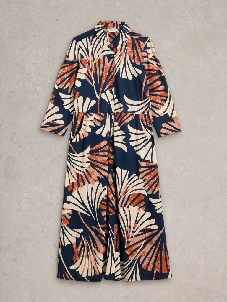 White Stuff Rua Midi Jersey Shirt Dress Navy Multi