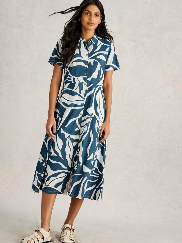 White Stuff Rua Midi Jersey Shirt Dress Navy Print