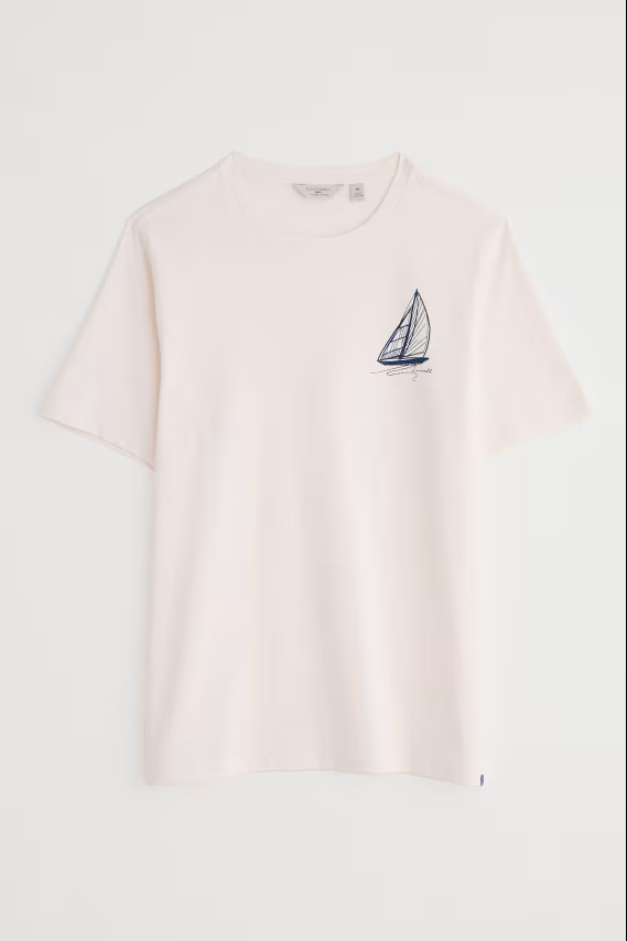 Seasalt Men's Loggerhead Organic Cotton T-Shirt Sailboat Sketch Chalk