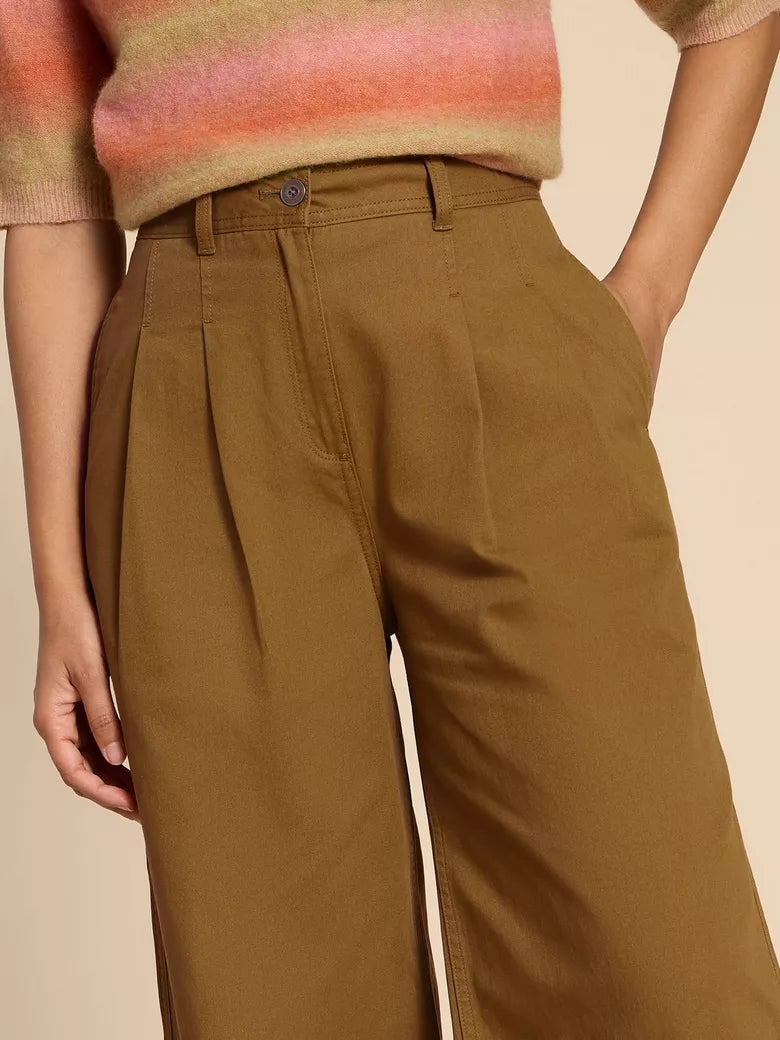 White Stuff Samira Wide Leg Crop Trousers Khaki Green