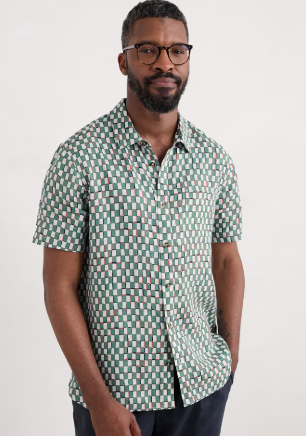 Seasalt Men's Blue Heron Short Sleeve Shirt Table Check Mineral
