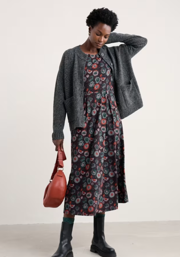 Seasalt Harbour Sands Chunky Crew Neck Cardigan Coal