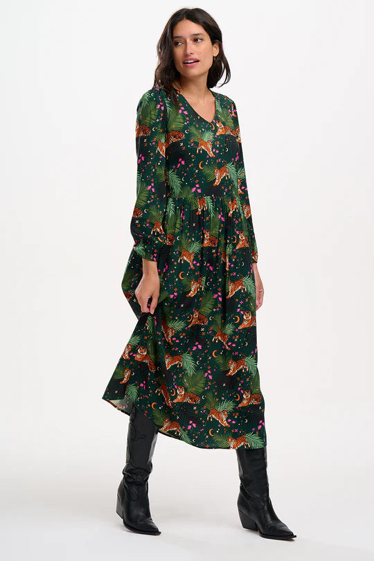 Sugarhill Brighton Sidney Midi Smock Dress Dark Green Tigers & Palms