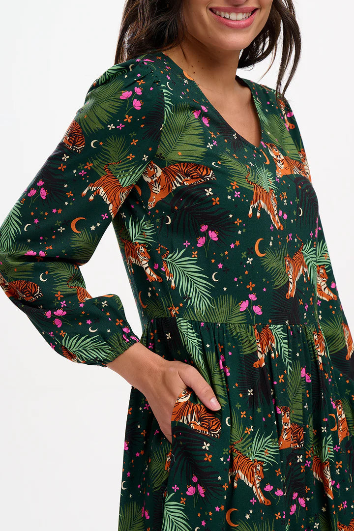 Sugarhill Brighton Sidney Midi Smock Dress Dark Green Tigers & Palms