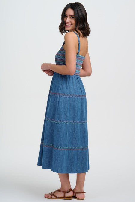 Sugarhill Brighton Murren Shirred Midi Dress Washed Blue Denim