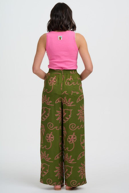 Sugarhill Brighton Trinny Wide Leg Trousers Khaki Tropical Line Drawing