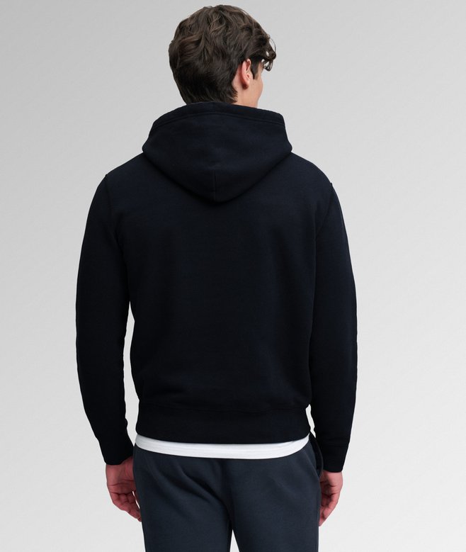 Superdry Essential SD Co Logo Hoodie Dark Navy. Mens Relaxed fit hoodie with Drawstring overhead hood design and Large front pocket with Ribbed cuffs and hem and Small embroidered logo on chest. Material: 60% Cotton & 40% Recycled Polyester
