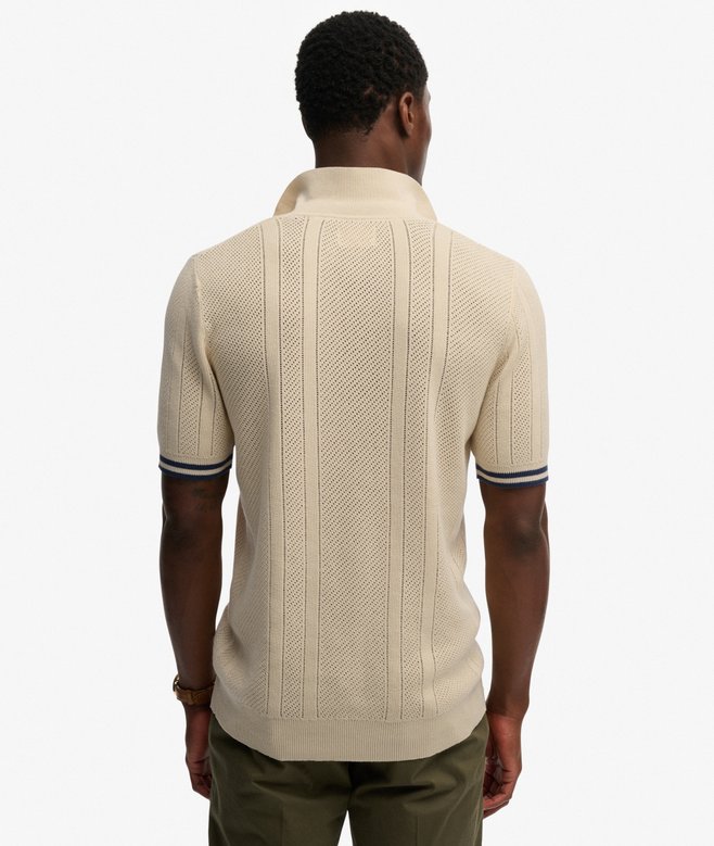 Superdry Knitted Texture Short Sleeve Polo Shirt Oatmeal Beige
