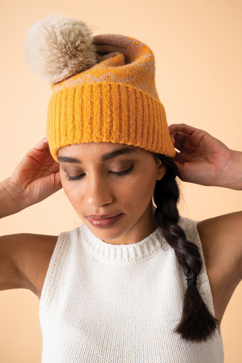 Powder Hat Powder Clothing Powder Thora Bobble Hat Mustard & Taupe Womens Beanie