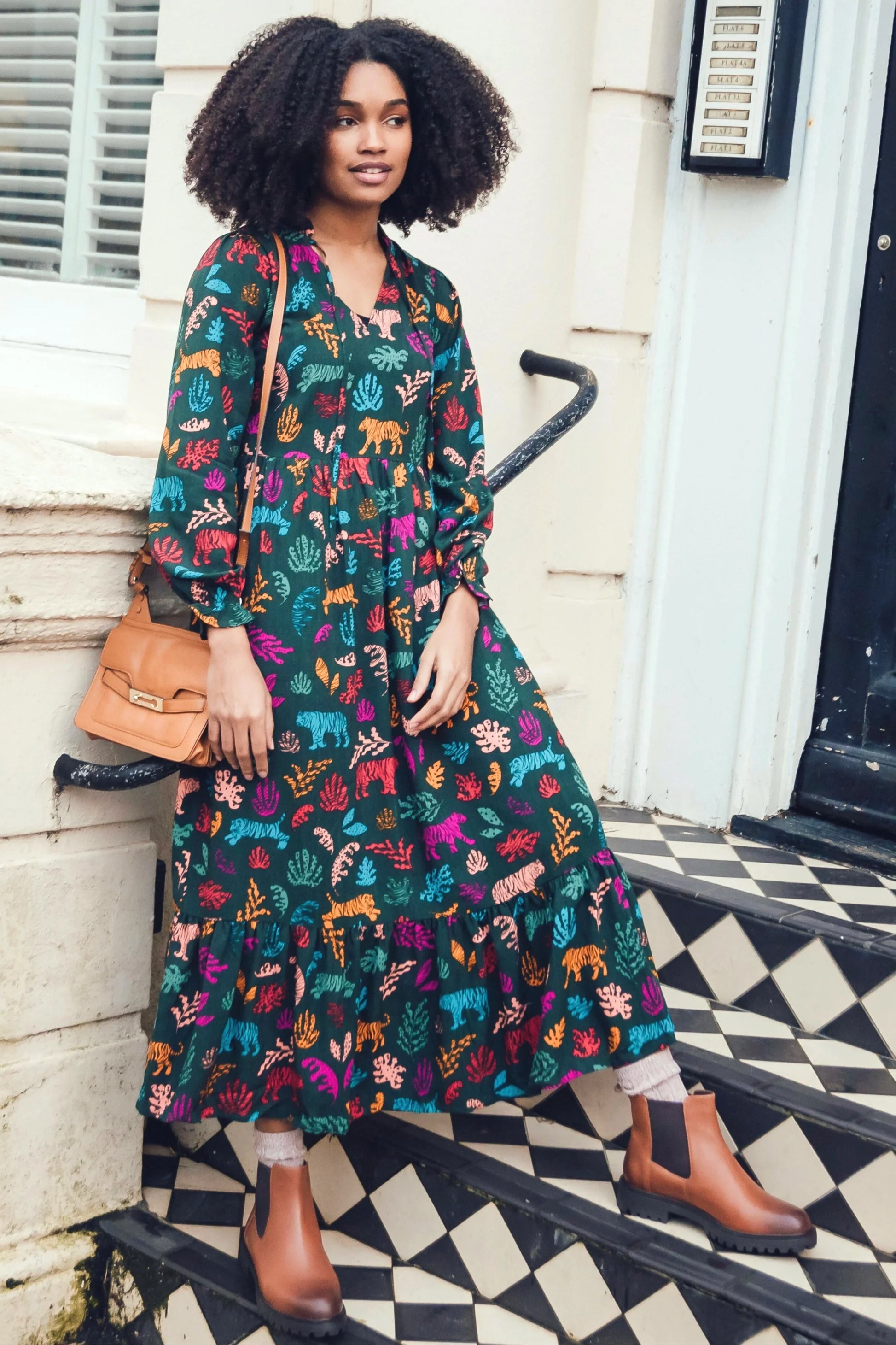 Sugarhill Dress Smock Dress Sugarhill Brighton Annalise Midi Smock Dress Dark Green Tiger Cutouts A dress