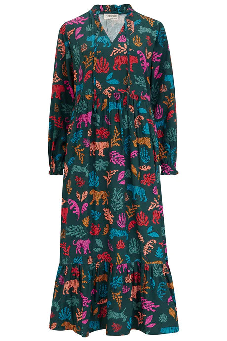 Sugarhill Brighton Annalise Midi Smock Dress Dark Green Tiger Cutouts