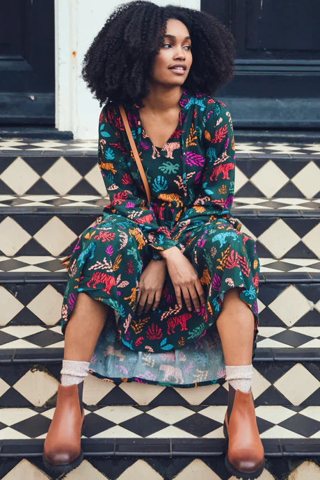 Sugarhill Brighton Annalise Midi Smock Dress Dark Green Tiger Cutouts