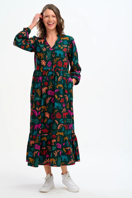 Sugarhill Brighton Annalise Midi Smock Dress Dark Green Tiger Cutouts