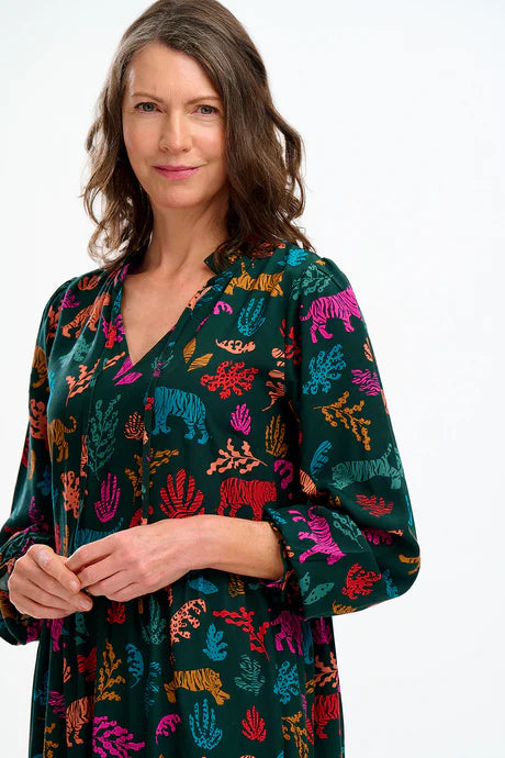 Sugarhill Brighton Annalise Midi Smock Dress Dark Green Tiger Cutouts