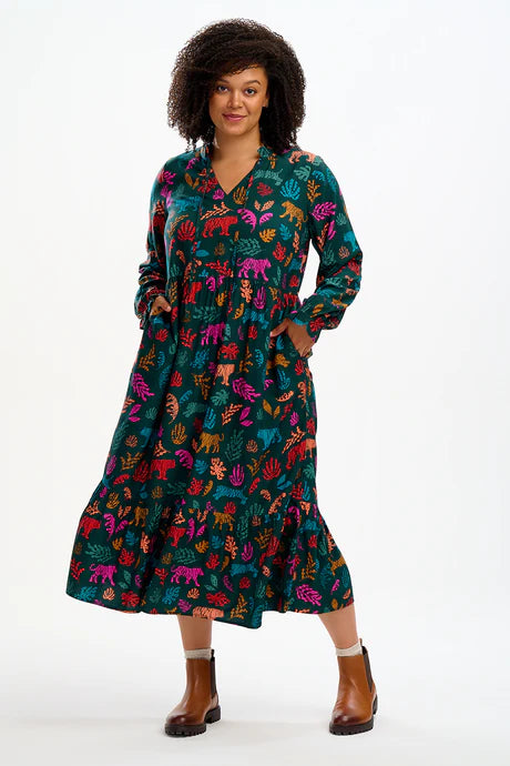 Sugarhill Brighton Annalise Midi Smock Dress Dark Green Tiger Cutouts