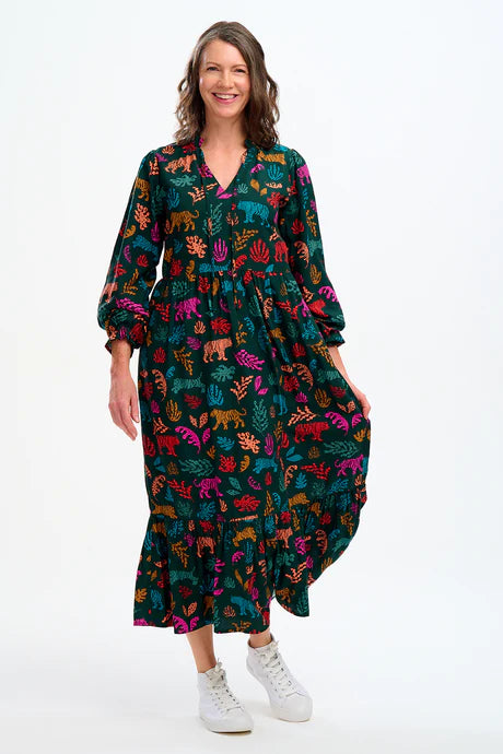 Sugarhill Brighton Annalise Midi Smock Dress Dark Green Tiger Cutouts