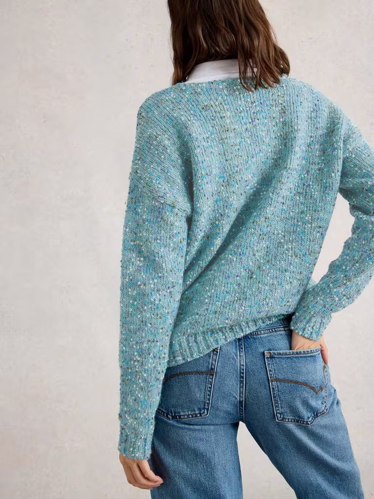 White Stuff Texture V Neck Mid Blue