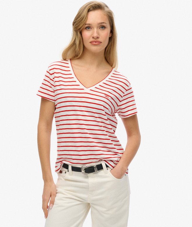 Superdry t-shirt Superdry Clothing Superdry Studio Slub Embroidered V-Neck T-Shirt Varsity Red/Optic Stripe