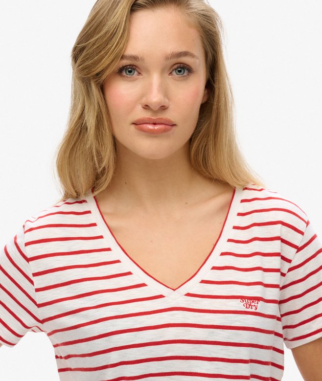 Superdry Studio Slub Embroidered V-Neck T-Shirt Varsity Red/Optic Stripe