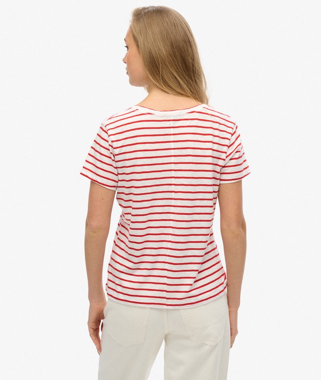 Superdry Studio Slub Embroidered V-Neck T-Shirt Varsity Red/Optic Stripe