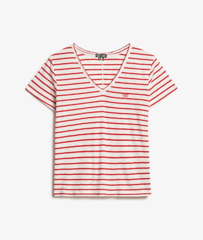 Superdry Studio Slub Embroidered V-Neck T-Shirt Varsity Red/Optic Stripe