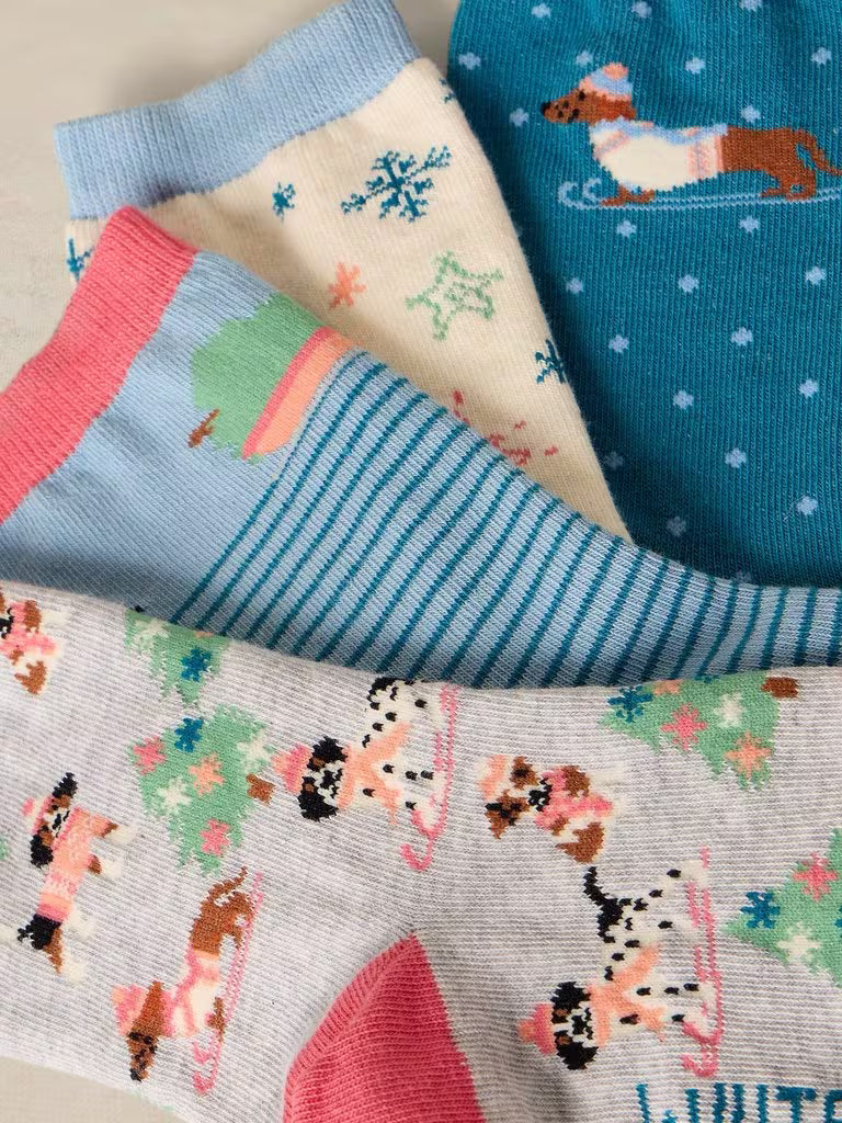 White Stuff 4 Pack Christmas Sausage Socks Teal Multi