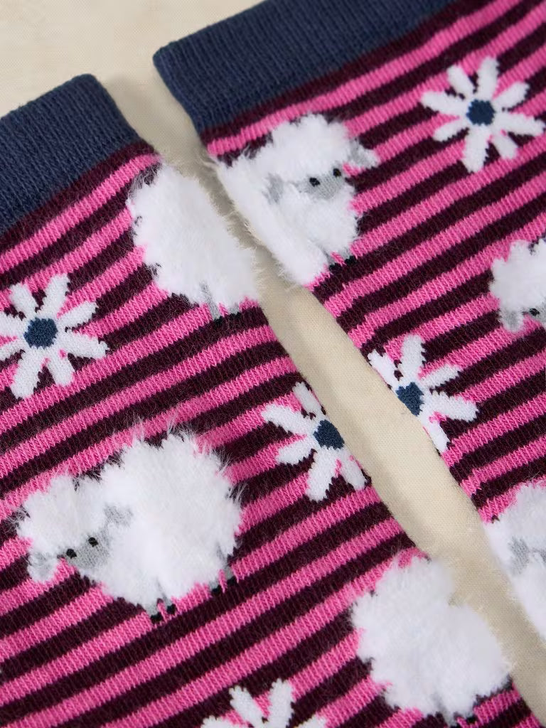 White Stuff Fluffy Strip Sheep Ankle Socks Dark Pink