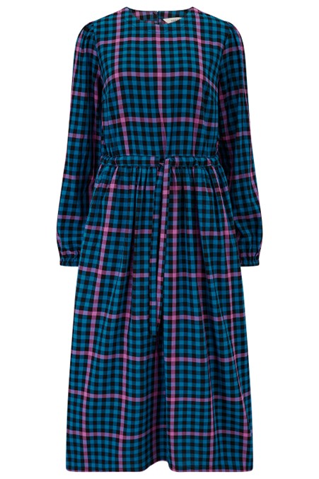 Sugarhill Brighton Yasmin Midi Smock Dress Black/Teal Twilight Gingham