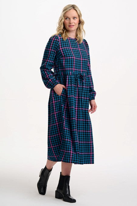 Sugarhill Brighton Yasmin Midi Smock Dress Black/Teal Twilight Gingham