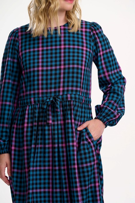 Sugarhill Brighton Yasmin Midi Smock Dress Black/Teal Twilight Gingham