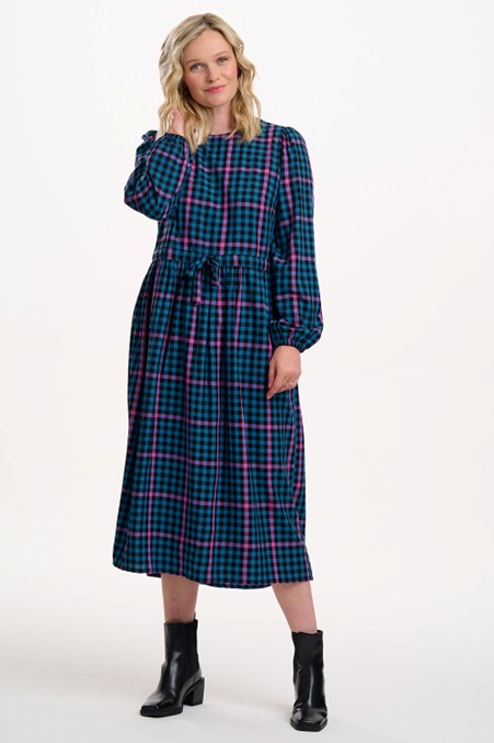 Sugarhill Brighton Yasmin Midi Smock Dress Black/Teal Twilight Gingham
