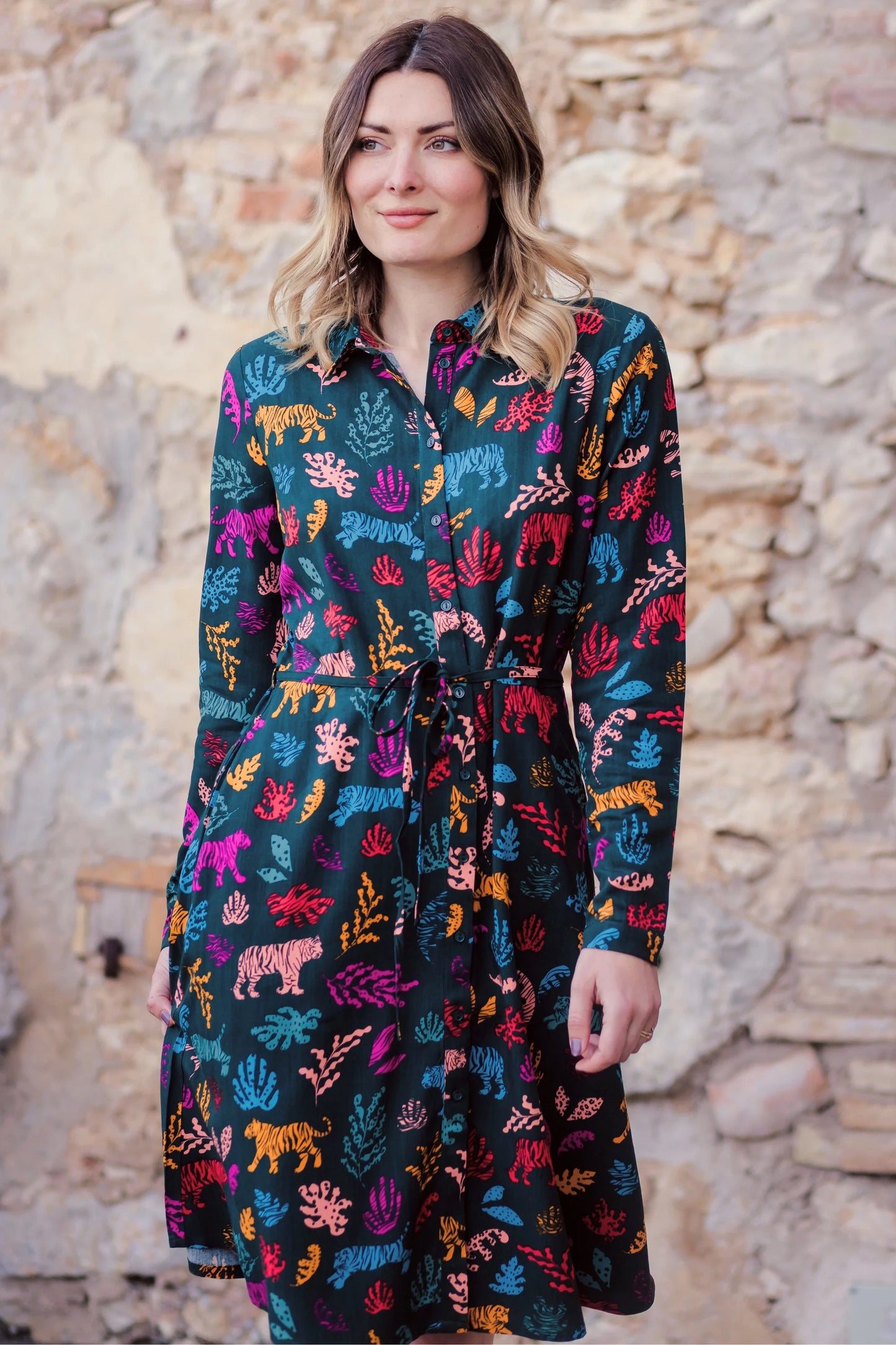 Sugarhill Dress Shirt Dress Sugarhill Brighton Zadie Shirt Dress Dark Green Tiger Cutouts The Zadie Dress