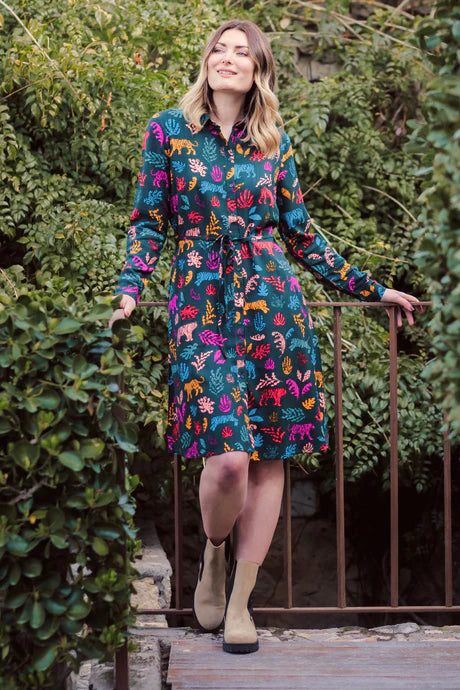 Sugarhill Brighton Zadie Shirt Dress Dark Green Tiger Cutouts