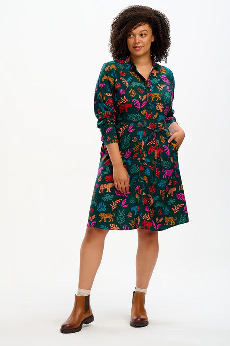 Sugarhill Brighton Zadie Shirt Dress Dark Green Tiger Cutouts