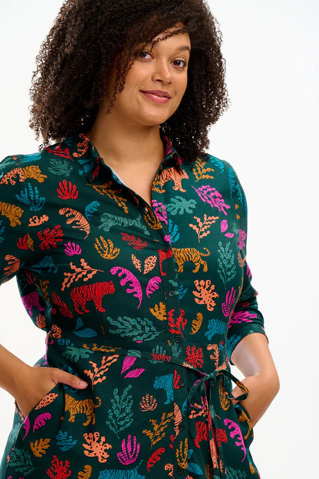 Sugarhill Brighton Zadie Shirt Dress Dark Green Tiger Cutouts