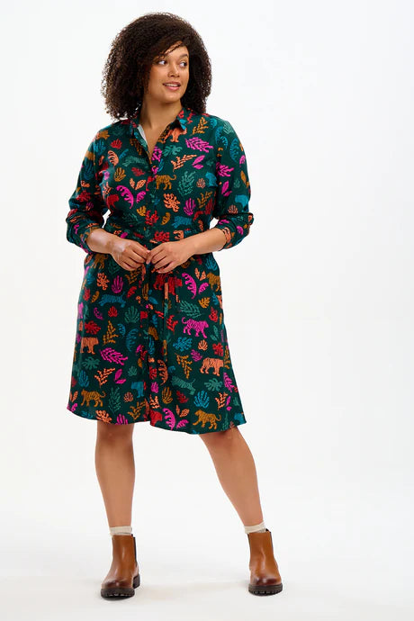 Sugarhill Brighton Zadie Shirt Dress Dark Green Tiger Cutouts