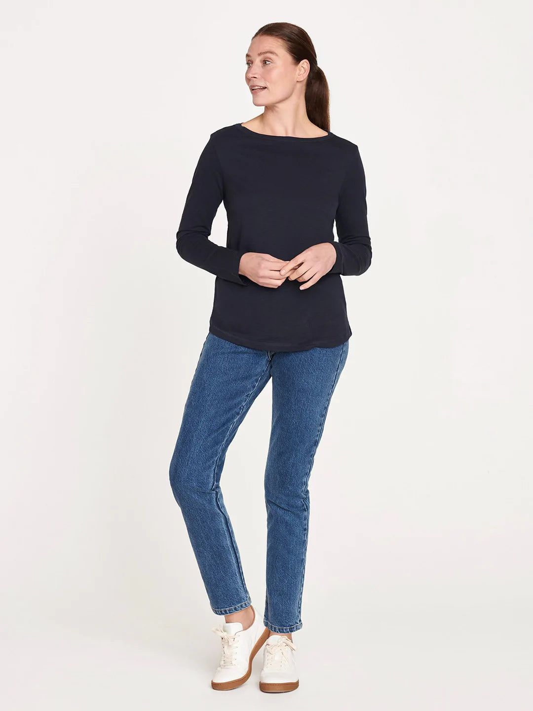 Thought Fairtrade Long Sleeve Organic Cotton Top Navy. Organic cotton long sleeve top. Organic cotton t shirts. Fair trade Sale UK. Fairtrade organic cotton top