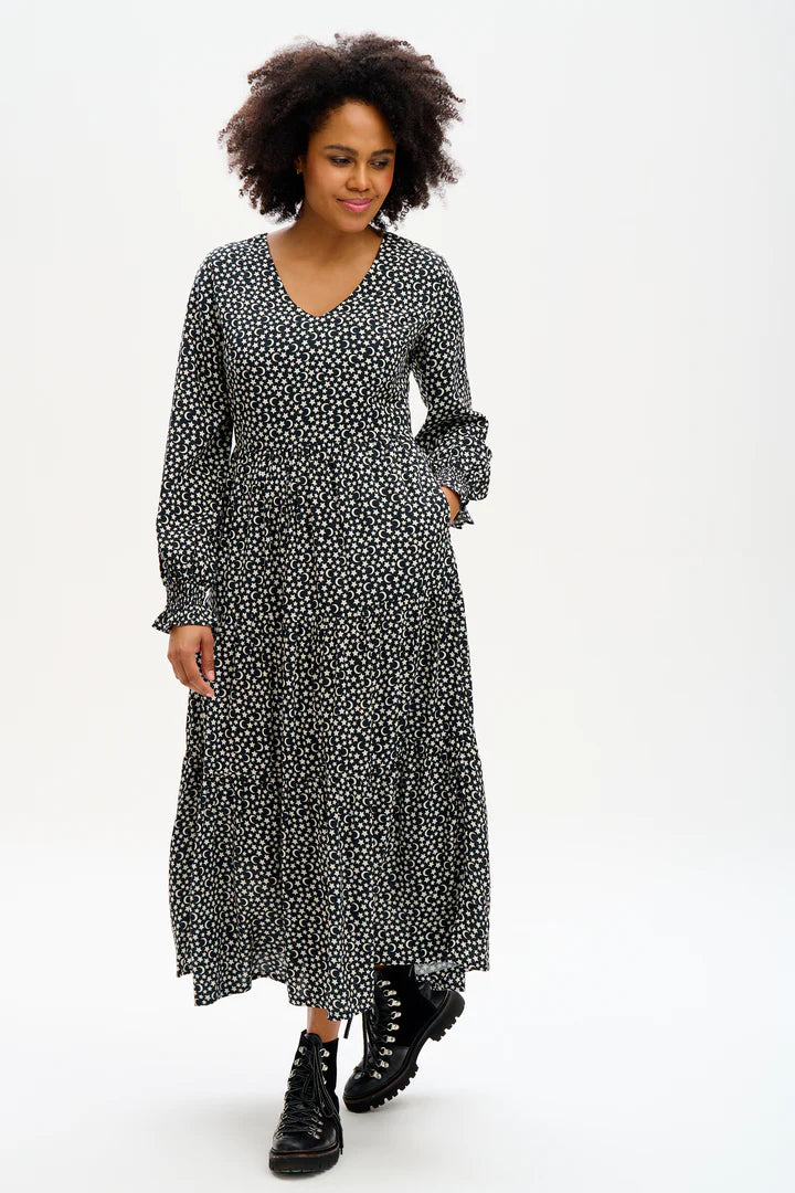 Sugarhill Brighton Nola Tiered Maxi Dress Monochrome Moons & Stars