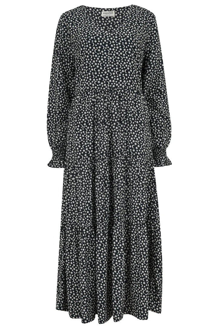 Sugarhill Brighton Nola Tiered Maxi Dress Monochrome Moons & Stars