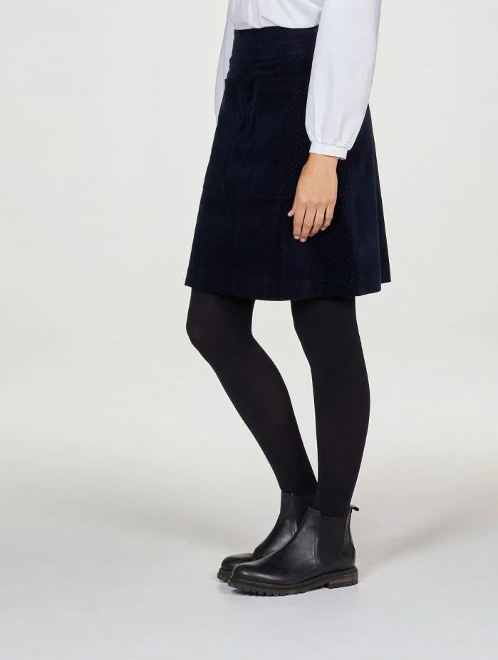 Thought Fayette Organic Cotton Velvet Pocket Front Mini Skirt Navy - Size: 18