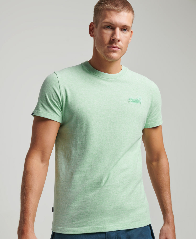 Superdry Men's Organic Cotton Essential Logo T-Shirt Spearmint Marl. Superdry orange label long sleeve t-shirt. Superdry T-Shirt. Organic cotton t shirts. Mens T-Shirts UK. Organic cotton t shirts UK.