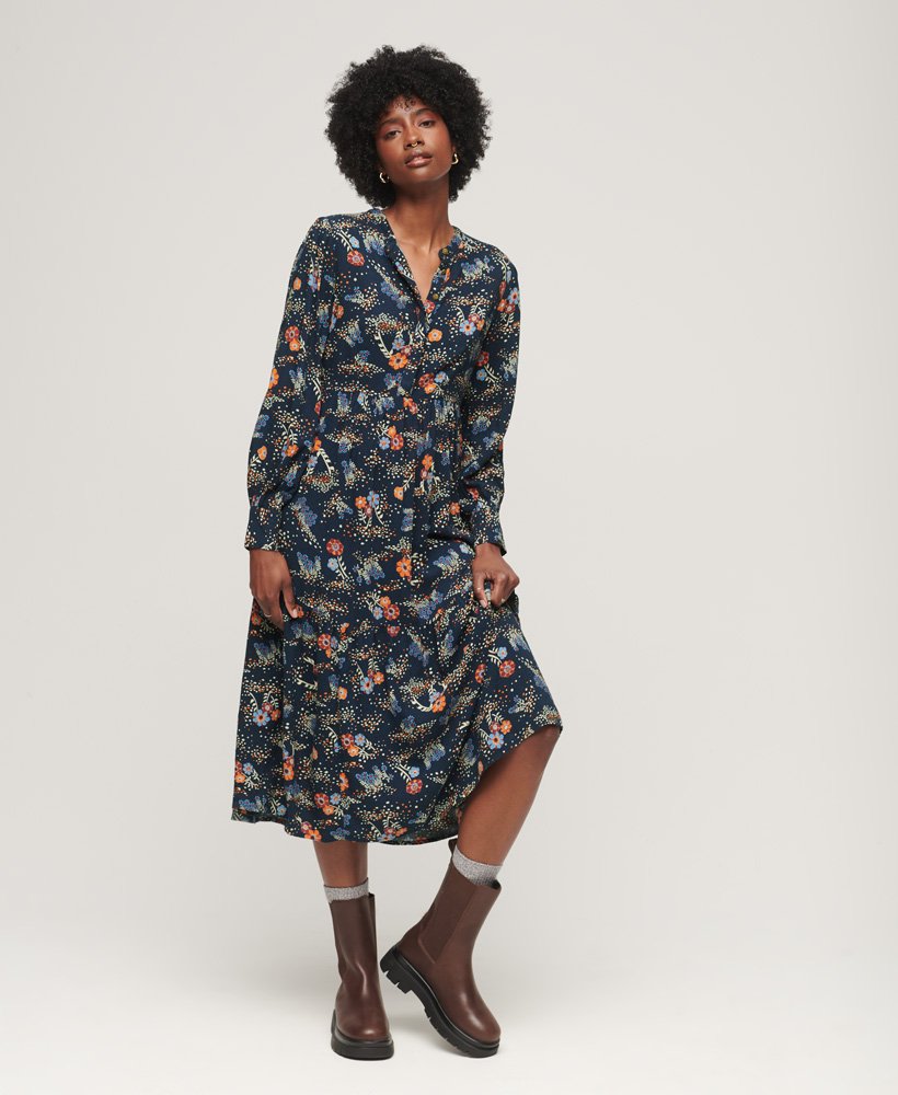 Superdry Dress Superdry Long Sleeve Tiered Midi Dress Blue Alma Floral Mix Life