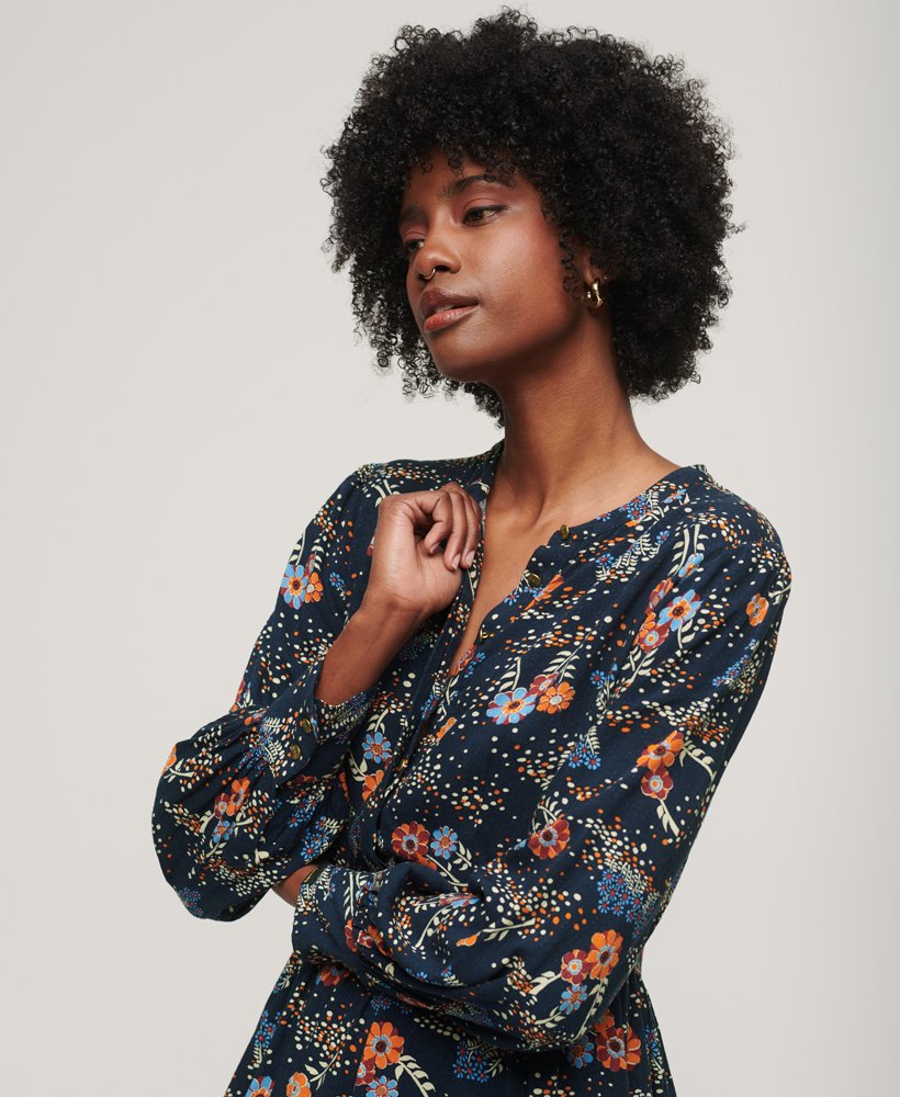 Superdry Long Sleeve Tiered Midi Dress Blue Alma Floral Mix