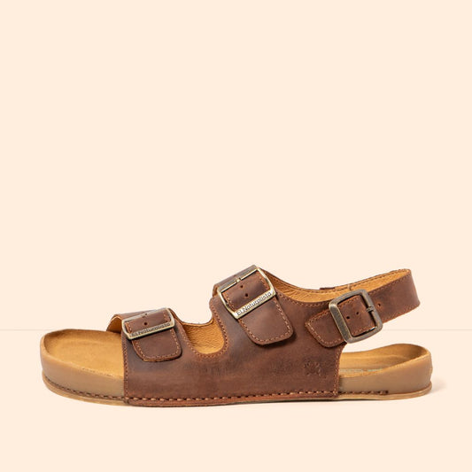 Art shoes Company El Naturalist N6001 Arizona Terra Horizon mens sandals womens sandals with buckles Brown sandal with double buckles on a beige background
