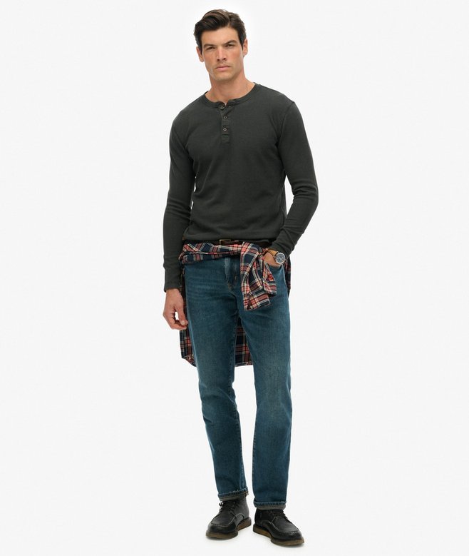 Superdry Waffle Long Sleeve Half Button Top Washed Black